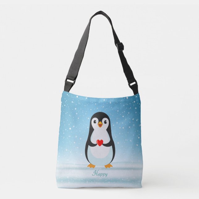 Happy Penguin Holding a Heart Crossbody Bag (Front)