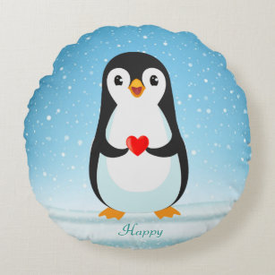 Happy Penguin Holding a Heart Round Cushion