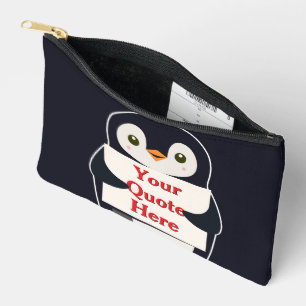 Happy penguin holding a sign to personalize accessory pouch