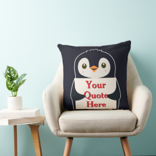 Happy penguin holding a sign to personalize cushion