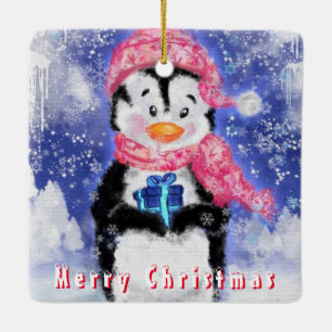 Happy Penguin - Merry Christmas - Cute - Drawing Ceramic Ornament