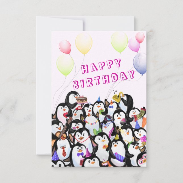Happy Penguin Party Birthday Card - Customisable (Front)