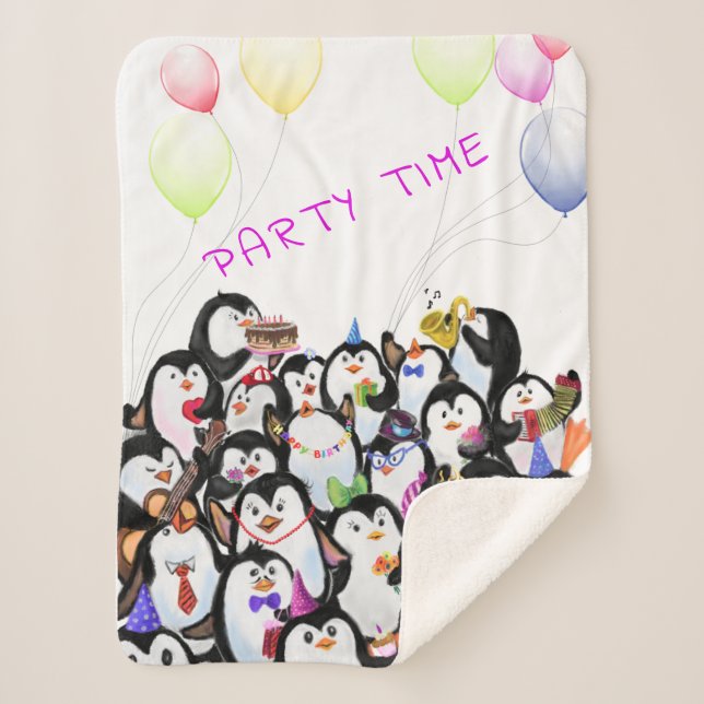 Happy Penguin Party Sherpa Blanket - Custom Text (Front)
