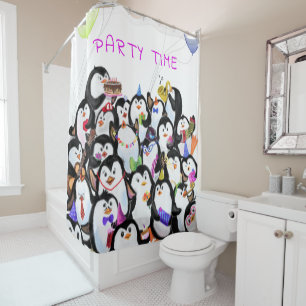 Happy Penguins Party Cartoon Drawing - Cute Funny Shower Curtain