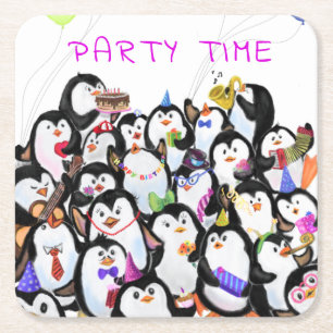 Happy Penguins Party Cartoon Drawing - Cute Funny  Square Paper Coaster