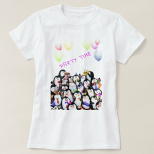 Happy Penguins Party Cartoon Drawing - Cute Funny T-Shirt