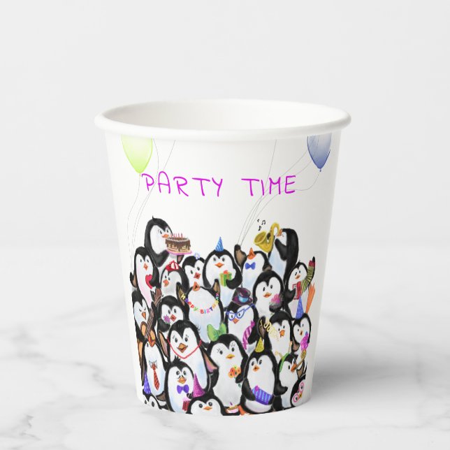 Happy Penguins Party Paper Cups - Custom Text (Front)
