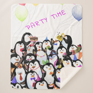 Happy Penguins Party Sherpa Blanket Cartoon