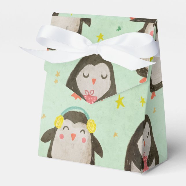 Happy Penguins Wearing Santa Hats w/Ear Muffs Favour Box (Front Side)