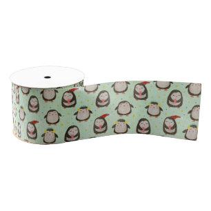 Happy Penguins Wearing Santa Hats w/Ear Muffs Grosgrain Ribbon
