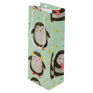 Happy Penguins Wearing Santa Hats w/Ear Muffs Wine Gift Bag
