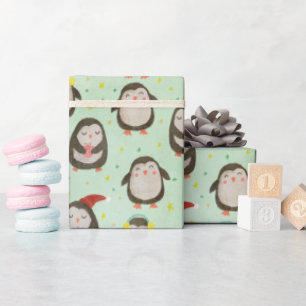 Happy Penguins Wearing Santa Hats w/Ear Muffs Wrapping Paper