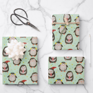 Happy Penguins Wearing Santa Hats w/Ear Muffs Wrapping Paper Sheet