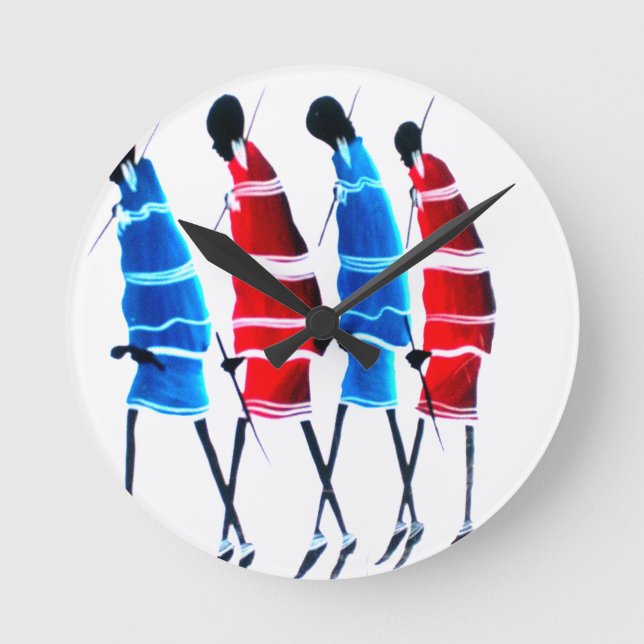 Happy People Maasai Warriors Walking Art Print Round Clock (Front)