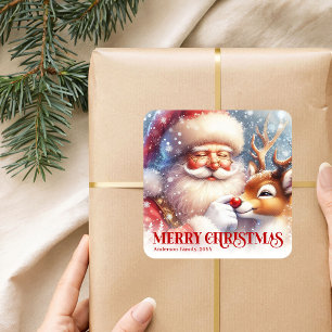 Happy Personalized Santa Rudolph Christmas Party  Square Sticker