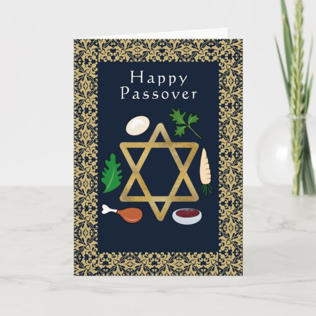 Happy Pesach Seder plate Star of David  Holiday Card (Front)