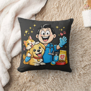 Happy Pet Care Mascot Cute Animal Cartoon Art Cushion