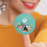 Happy Pet Family Pet Care & Grooming Monogram Teal Classic Round Sticker<br><div class="desc">The perfect sticker for your pet care services business. We've illustrated these cute and adorable animals with a french bulldog, golden retriever, german shepherd, poodle, dalmatian, dachshund, and Bernese mountain dog. The cute little animals are wearing different colour handkerchiefs with a lovely garden of florals nestled around them. The cute...</div>