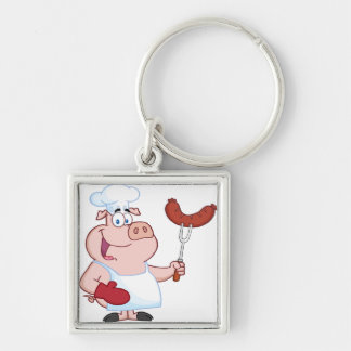 Happy Pig Chef  With Sausage Fork Key Ring