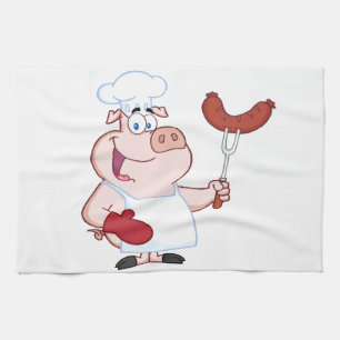 Happy Pig Chef  With Sausage Fork Tea Towel