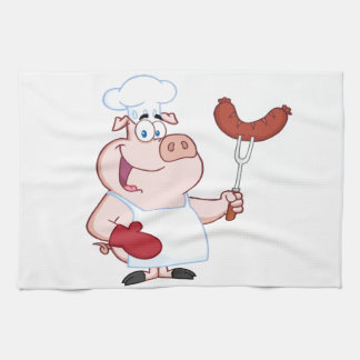 Happy Pig Chef With Sausage Fork Tea Towel