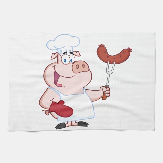 Happy Pig Chef  With Sausage Fork Tea Towel (Horizontal)