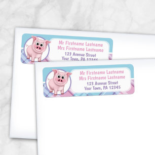 Happy Pig Pink Blue Purple Plaid Address Labels