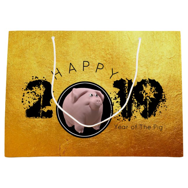 Happy PIg Year 2019 Original 3D gold L Gift Bag 2 (Front)
