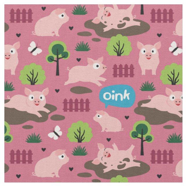 Happy Piglets In The Mud  Fabric (Close Up)