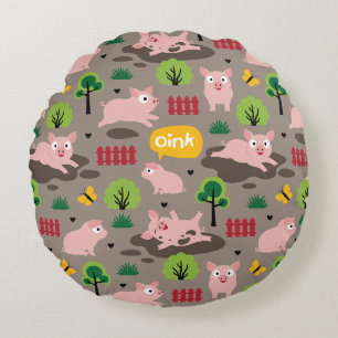 Happy Piglets In The Mud Round Pillow