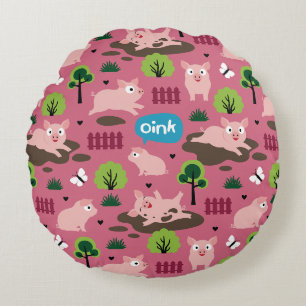 Happy Piglets In The Mud  Round Pillow