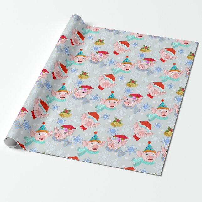 Happy Pigs Christmas Pattern Wrapping Paper (Unrolled)