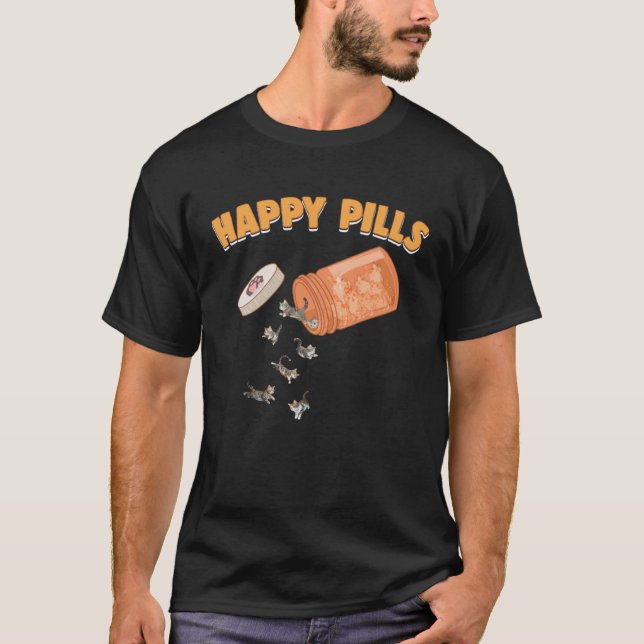 Happy Pills American Shorthair Cat  Feline  Humor T-Shirt (Front)