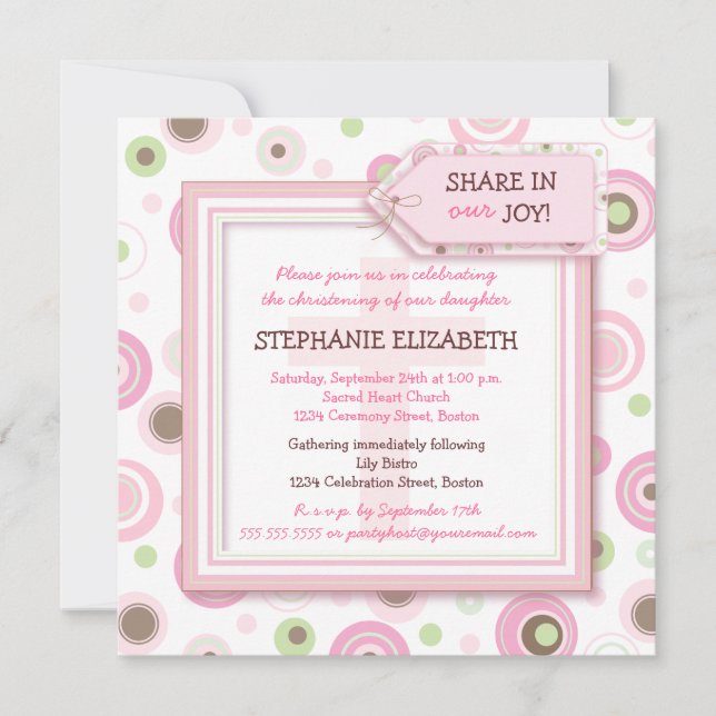 Happy Pink Dots Baby Girl Christening Invitation (Front)