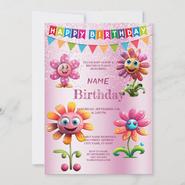 Happy Pink Flowers Birthday Party Invitation (Front)