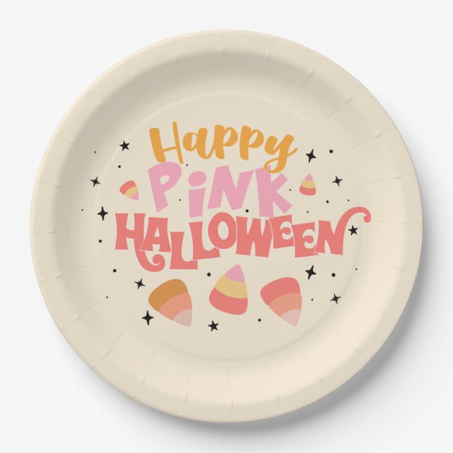 Happy Pink Halloween Paper Plate (Front)