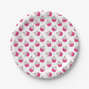 Happy Pink Heart Cupcakes - Sweet Bakery Pattern Paper Plate