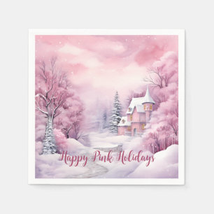Happy Pink Holidays Christmas Snow Scene Napkin