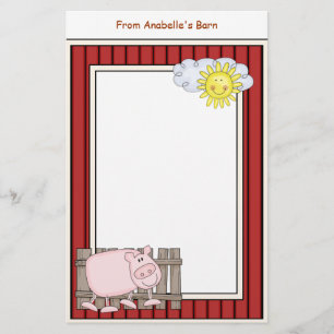 Happy Pink Pig Barn Red Frame Kids Writing Paper