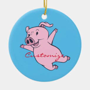 Happy Pink Pig Jumping Thunder_Cove Ceramic Ornament