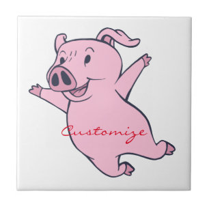 Happy Pink Pig Jumping Thunder_Cove Ceramic Tile