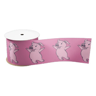 Happy Pink Pig Jumping Thunder_Cove Satin Ribbon