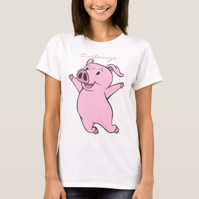Happy Pink Pig Jumping Thunder_Cove T-Shirt (Front)