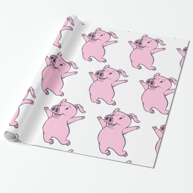 Happy Pink Pig Jumping Thunder_Cove Wrapping Paper (Unrolled)