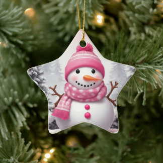 Happy Pink Scarf Xmas Snowman Ceramic Ornament