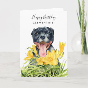 Happy Pit Bull Dog, Flower Garden   Birthday Card