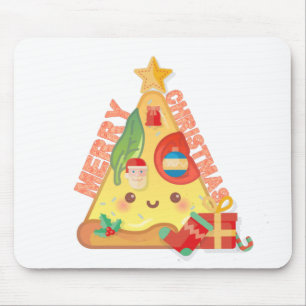 Happy Pizza Christmas Tree Cartoon Style Mouse Pad