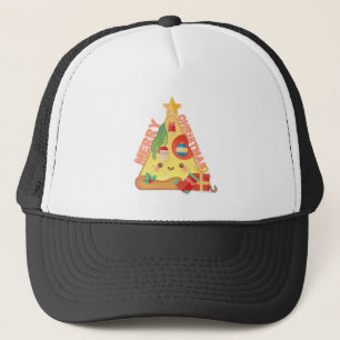 Happy Pizza Christmas Tree Cartoon Style Trucker Hat