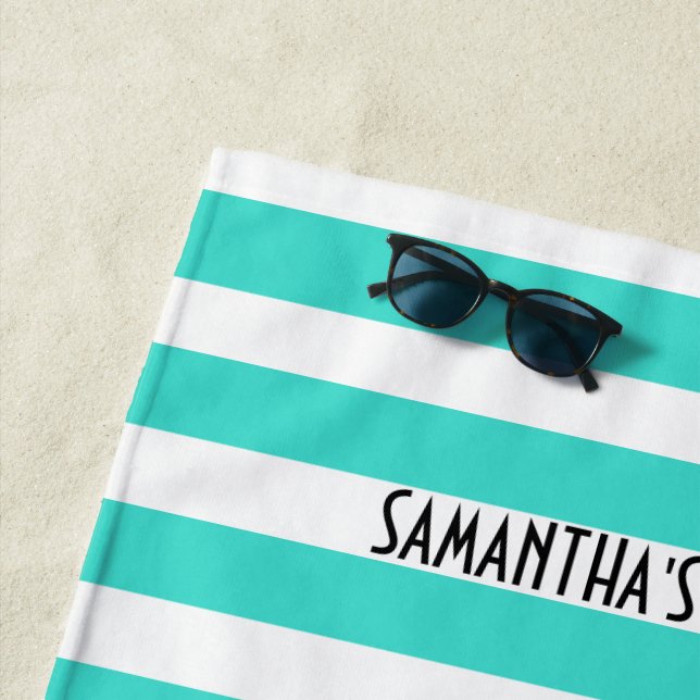 Happy Place Neon Aqua and White Stripe Beach Towel (In Situ)