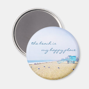 “Happy place” quote aqua sky and sandy beach photo Magnet
